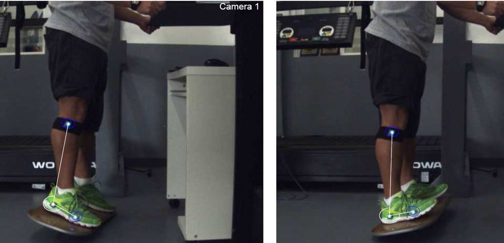 Heeluxe Lab motion-capture markers on the ankle during FluidStance use